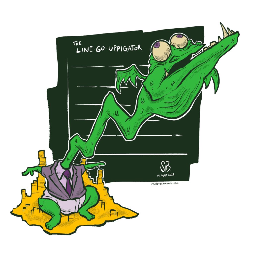 A digital illustration of a creature called the Line-Go-Uppigator, a dragon-like animal with a large under bite and a neck zigzagging towards the sky. It sits on a pile of gold and has a body like a baby with a business suit.