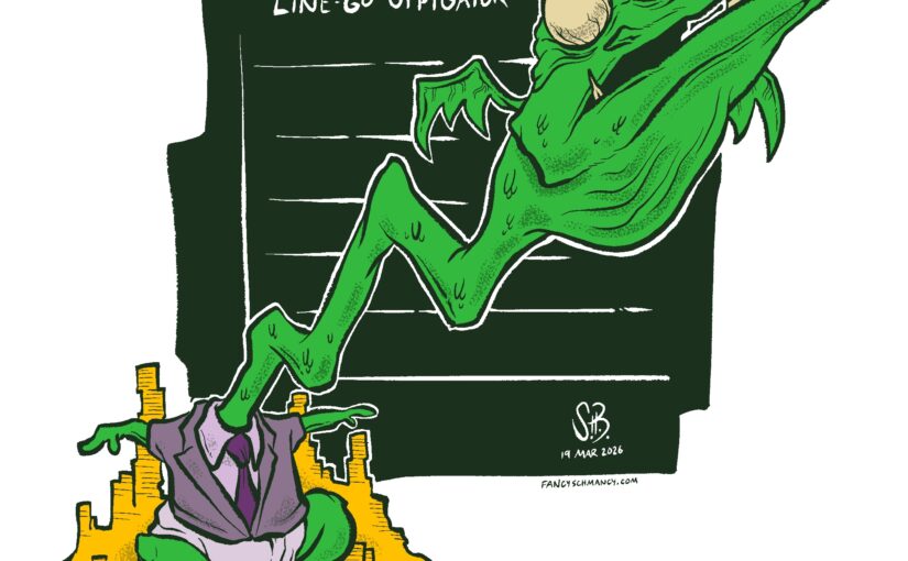 A digital illustration of a creature called the Line-Go-Uppigator, a dragon-like animal with a large under bite and a neck zigzagging towards the sky. It sits on a pile of gold and has a body like a baby with a business suit.